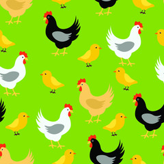 Chicken , rooster animal, food, fashion vector seamless pattern on green background. Concept for wallpaper, wrapping paper, cards 