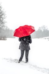 Girl with Red Umbrella in Snow