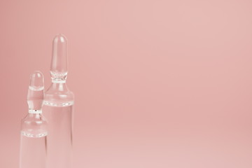 Glass medical ampoules on a pink background close-up, copy space,selective focus,macro photo.