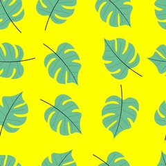 Fototapeta na wymiar Seamless pattern with green tropical leaves. Manstera on a yellow background. Stock vector illustration for decoration and design, wrapping paper, wallpaper, fabrics, web pages and more.