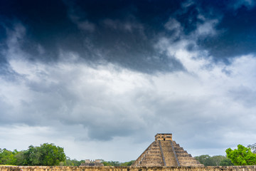 El Castillo pyramid (Temple of Kukulcan). General view. Architecture of ancient mayan civilization. Chichen Itza archeological site. Yucatan. Mexico.