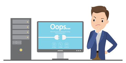 Monitor with error page and sad male,