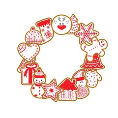 Obraz na płótnie Canvas Gingerbread festive wreath Isolated on a white background. Stock vector illustration for decoration and design, for cards and posters, holiday element and more.
