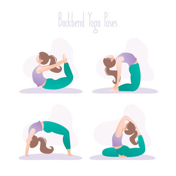 Happy girl in yoga pose. Set of four backbend asana poses in hatha yoga.