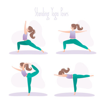 Standing yoga poses set II /Illustration stylized woman practicing standing  yoga postures Stock Vector | Adobe Stock
