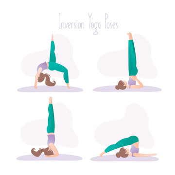 Happy girl in yoga position. Set of inversion asana poses in hatha yoga. Simple female human character.