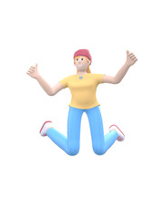 Fototapeta na wymiar Young cheerful hipster girl in a hat dances, jumps, levitates and flies. Positive character in casual colored clothes isolated on a white background. Funny, abstract cartoon people. 3D rendering.