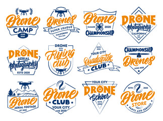 Set of vintage Drone emblems and stamps. Colorful badges, templates, stickers on white background isolated.