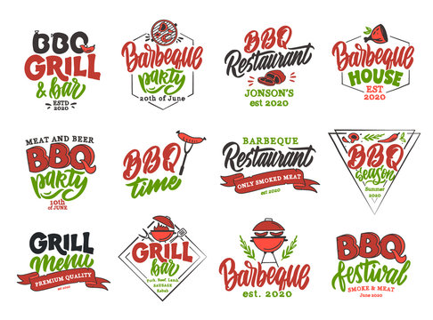 Set of vintage BBQ time emblems and stamps. Colorful badges, templates, stickers on white background