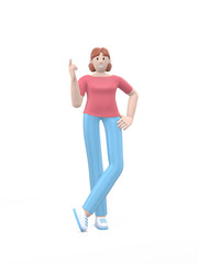 Young happy girl posing in free pose hand index finger up. Positive character in casual colored clothes isolated on a white background. Funny, abstract cartoon man. 3D rendering.