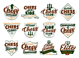 Set of vintage Chess emblems and stamps. Colorful badges, templates, stickers on white background isolated