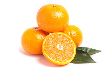Fresh orange and leaves isolated on white background.