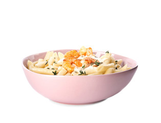 Delicious pasta with shrimps isolated on white