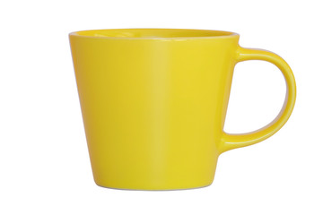 yellow ceramics cup isolated on white background. Yellow ceramic. Empty yellow cup mug.