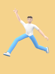 Fototapeta na wymiar A young cheerful guy dances, jumps, levitates and flies. Positive character in casual colored clothes on a yellow background. Funny, abstract cartoon people. 3D rendering.