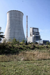Big coal power plant with single cooling tower and chimney