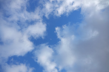 Blue sky background with light white cirrus clouds at the zenith.