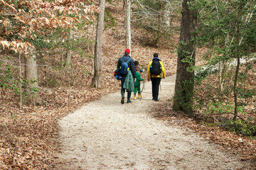 a family hiking on a forest trail