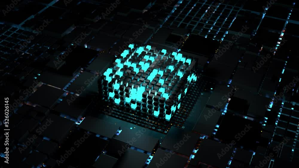 Poster colorful 3d render of abstract computing process. artificial intelligence theme. digital cpu. techno