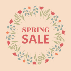 Obraz premium Spring sale design. Beautiful colorful illustration with floral decorative frame. Vector EPS10