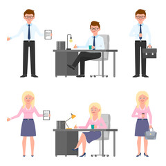 Smiling, nice office worker man and woman vector illustration. Front view standing, writing notes, sitting at desk boy and girl cartoon character set on white