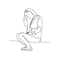 Continuous line drawing of business woman in depression, stressed, and depair. Vector illustration