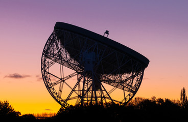 Sunrise at the Lovell Telescope at Jodrell Bank in the Cheshire landscape - a UNESCO World Heritage...