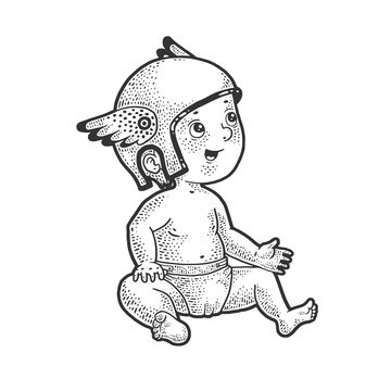 Baby in ancient roman helmet with wings sketch engraving vector illustration. T-shirt apparel print design. Scratch board imitation. Black and white hand drawn image.