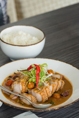 crispy pork belly with shrimp paste sauce