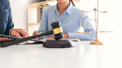 Male lawyer or judge consult with client check contract papers recommend legal proposals, Law services concept