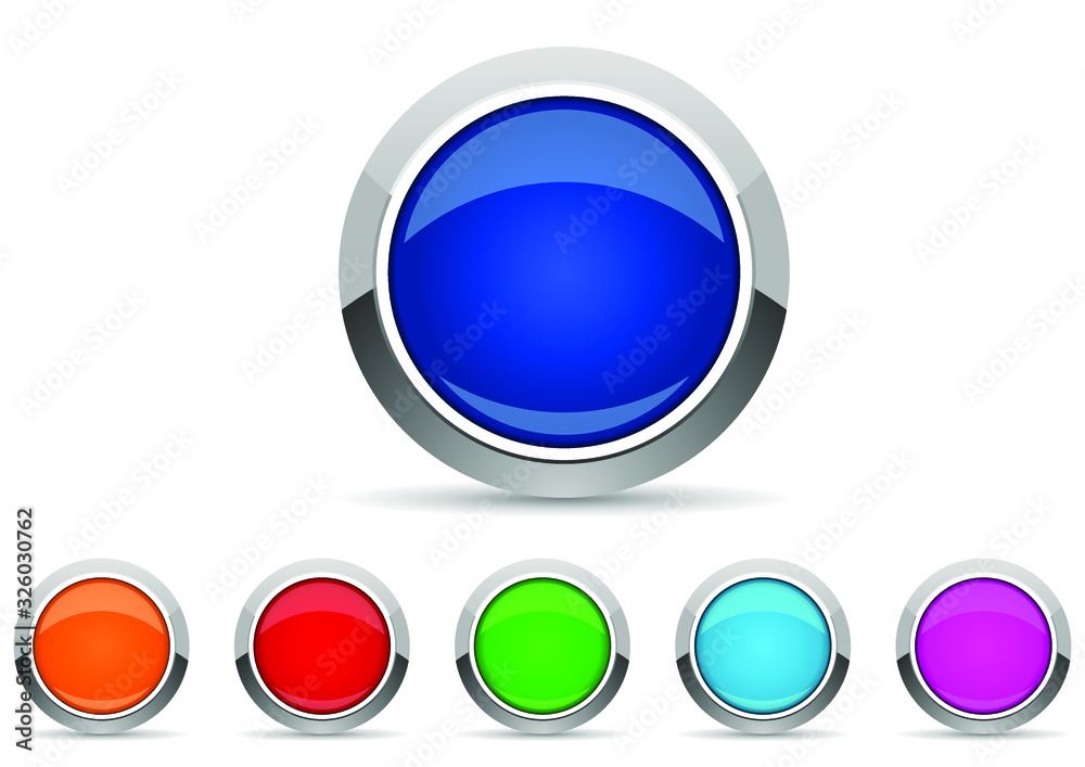 Aufkleber set of silver metallic chrome border web buttons in 6 color options, vector icons template