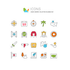 Set Vector Line Icons of Columbus Day