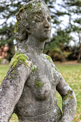 Moss covered stony figure of naked lady with small breast