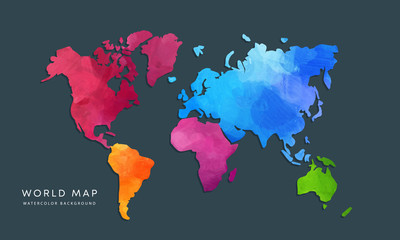 Vector hand drawn watercolor world map isolated on dark background