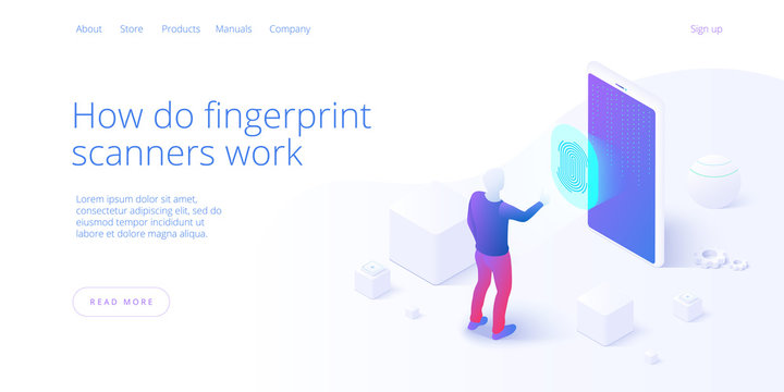 Smartphone Biometric Access Control In Isometric Vector Illustration. Fingerprint Screening Security System Concept. Digital Touch Scan Identification Or Sensor Authentication. Web Banner Layout.