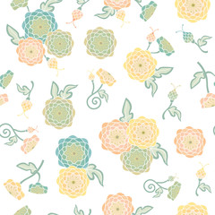 Vector Flowers in Green Orange Yellow Blue with Green Leaves on White Background Seamless Repeat Pattern. Background for textiles, cards, manufacturing, wallpapers, print, gift wrap and scrapbooking.