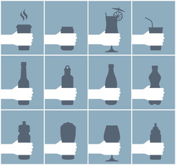 Vector colored icon set hands holding different types of containers - bottles. Isolated on white background.