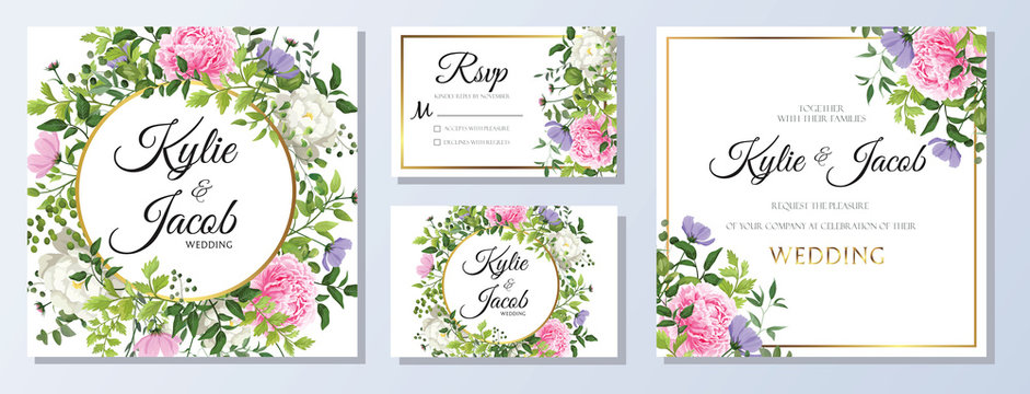 Set watercolour wedding vector template with flower, leaves, gold and line decoration Floral invitation card, save the date, thank you Wild flowers and peony and rose flower. Beautiful greenery plants