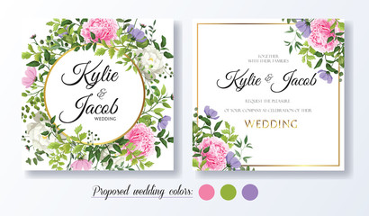 Set watercolour wedding vector template with flower, leaves, gold and line decoration. Floral invitation card. Wild flowers and peony and rose flower. Beautiful greenery plants