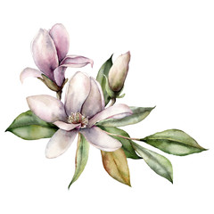 Fototapeta na wymiar Watercolor floral bouquet with magnolias. Hand painted card with white and pink flowers, leaves and buds isolated on white background. Spring illustration for design, print, fabric or background.