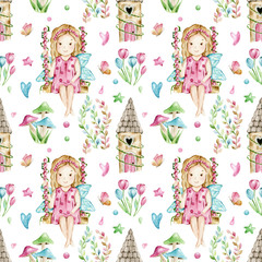 Cute watercolor seamless pattern. Hand drawn watercolor fairy girls, forest castle, magic mushrooms, flowers and leaves. Pink, blue, green colors, cartoon character.