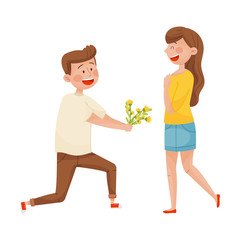Kneeled Young Man Giving Bunch of Flowers to Woman Vector Illustration