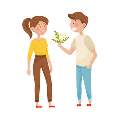Fototapeta premium Smiling Man Giving Bunch of Flowers to Woman Vector Illustration