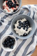 Tasty breakfast of Tvorog, farmers cheese, curd cheese or cottage cheese and blueberries in gray bowls. 