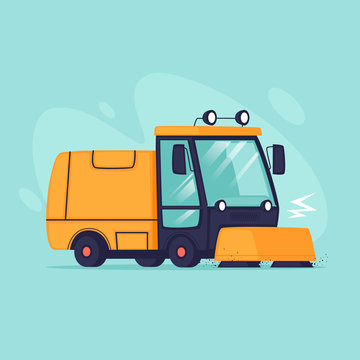 Street cleaning, a car sweeping and washing the streets. Flat design vector illustration. 