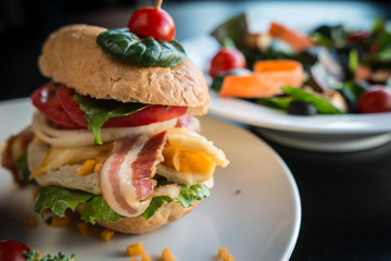 Close up image of loaded burger with baguette patty and a plate of salad.