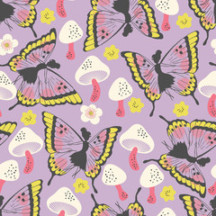 Cute Whimsical Fairies and Mushrooms Vector Seamless Pattern