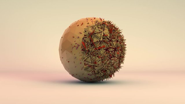 3D animation of a red ball that grows into a yellow ball formed from a set of abstract fragments. 4K animation of an abstract background.