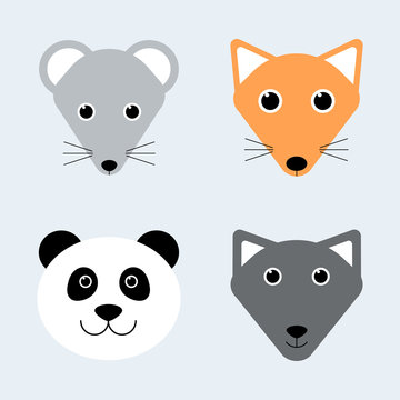 Cute animals. Cartoon animal faces. Mouse, fox, panda, wolf. Vector illustrations for kids t-shirt print design, poster, gift card