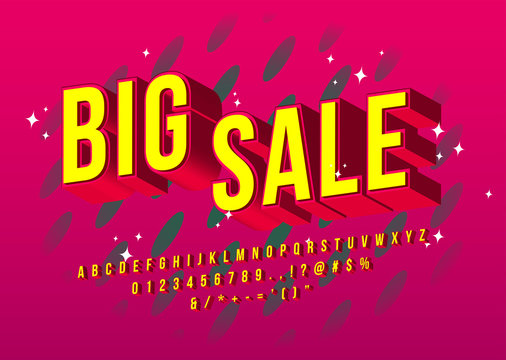 Big Sale Alphabet. Yellow Elegant Font design. Vector set of 3D Alphabet Letters, Numbers and Symbols.